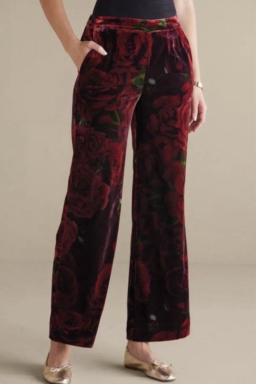Soft Surroundings Aria Velvet Wide Leg Pants Floral Romantic Roses Red Size L